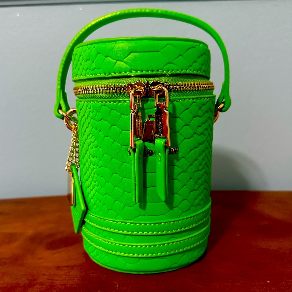 Tote&Carry mini barrel purse in neon green faux snake print